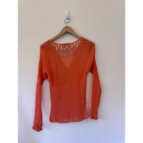 BCBGMaxAzria Orange Silk Chiffon V-Neck Blouse with Sequins Detail Size Large - Picture 4 of 6